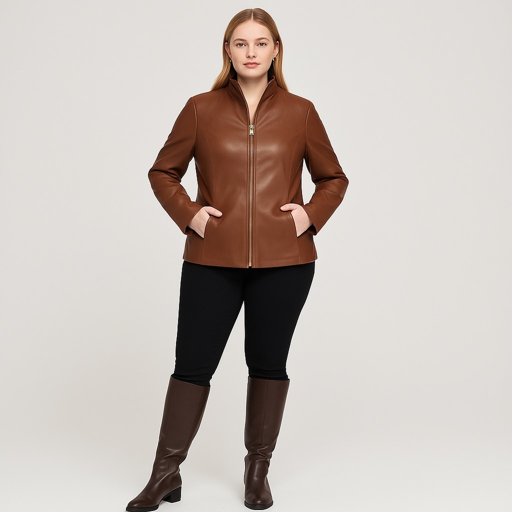 Cole Haan designer brown Vegan leather zip up jacket women Large quilted lining